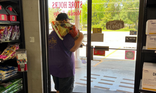 A customer walking out of the front door of Old Time Farm Supply with a large bag of feed over their shoulder.